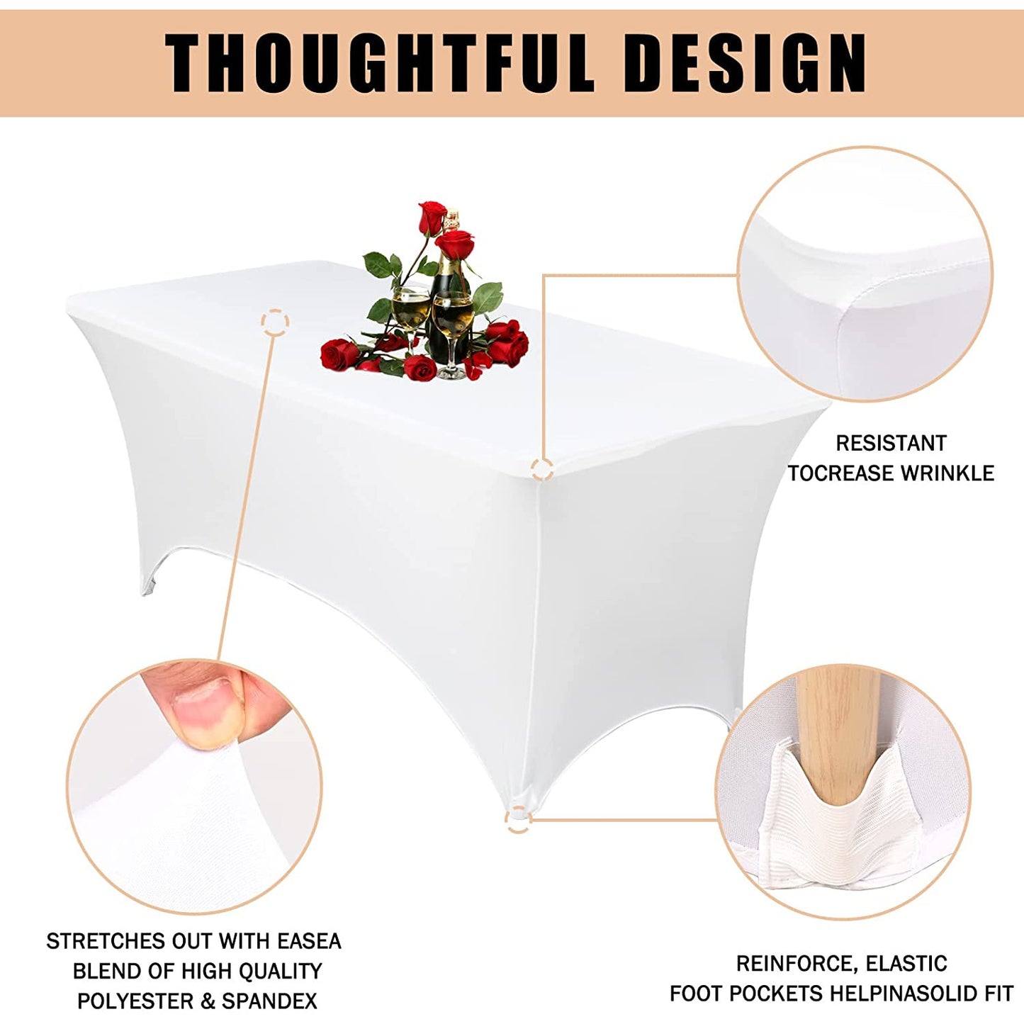 Set de 3 fata de masa, huse elastice din spandex, alba, 182 cm x 76 cm, pentru evenimente, usor de curatat, pentru nunta, banchet, expozitii, petrecere