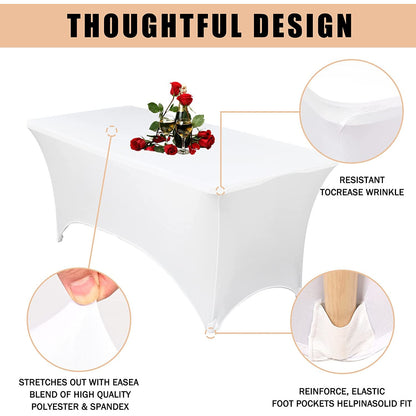 Set de 3 fata de masa, huse elastice din spandex, alba, 182 cm x 76 cm, pentru evenimente, usor de curatat, pentru nunta, banchet, expozitii, petrecere