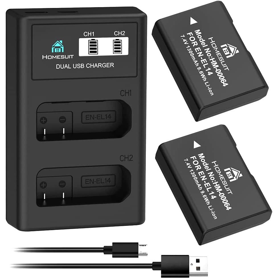 Set de 2 acumulatori EN-EL14 1300 mAh cu incarcator dual cu display LCD, pentru Nikon D5600, D3300, D3500, D5100, D5500, D3100, D3200, D5200, D5300, Coolpix P7000, P71000000, P710000, P710000, P71000, P710000, P7070