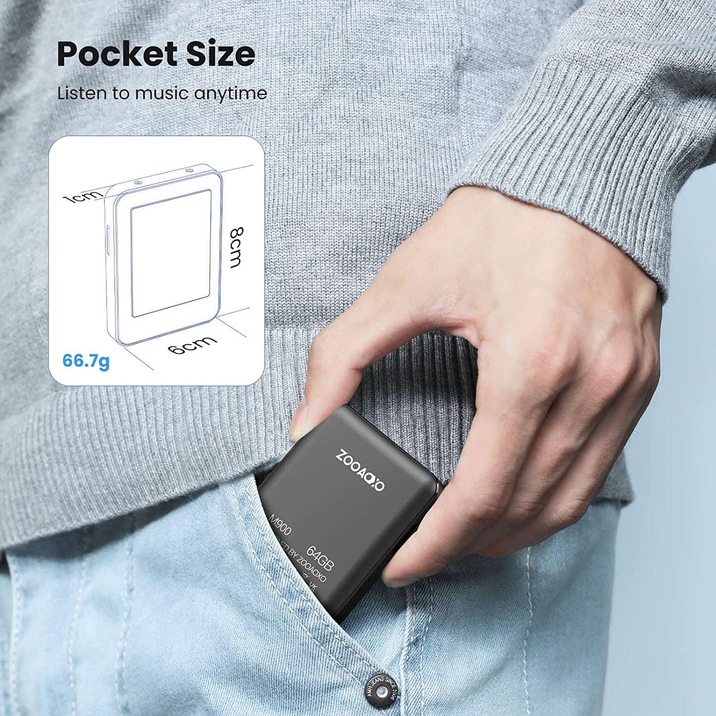 MP3 Player 64 GB cu Bluetooth 5,2, touchscreen 2,4 inch, difuzor incorporat, sunet HiFi, Ebook, ceas cu alarma, Radio FM, inregistrare voce, negru