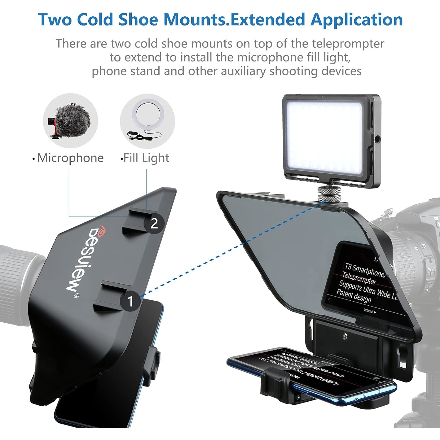 Kit teleprompter cu telecomanda si adaptoare obiectiv, pentru smartphone si tableta pana la 11 inch, cu aplicatie dedicata, pentru camere DSLR si smatphone