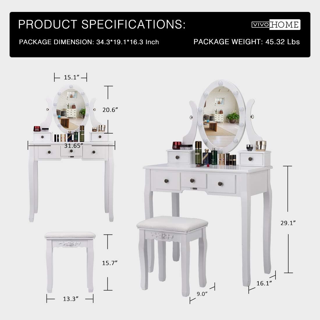 Masa de toaleta/machiaj cu oglinda cosmetica iluminata LED rotativa, scaun captusit, masuta cu sertare pentru depozitare, 134 x 81 x 40 cm, alba
