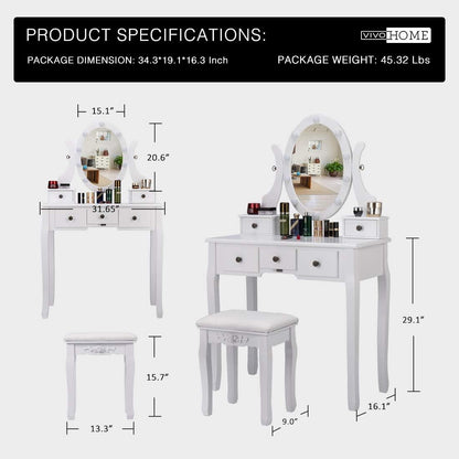 Masa de toaleta/machiaj cu oglinda cosmetica iluminata LED rotativa, scaun captusit, masuta cu sertare pentru depozitare, 134 x 81 x 40 cm, alba