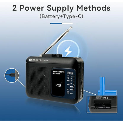 Casetofon portabil, walkman, radio FM/AM, mufa pentru casti de 3, 5 mm, derulare rapida inainte si inapoi, negru