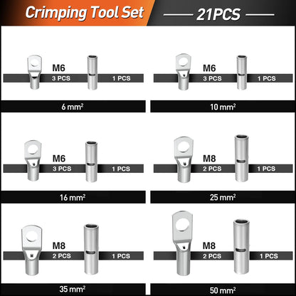 Set cleste de sertizare 6-50 mm² cu 21 bucati terminale 6 mm², 10 mm², 16 mm², 25 mm², 35 mm², 50 mm², cu cutie de depozitare si transport, SOMELINE