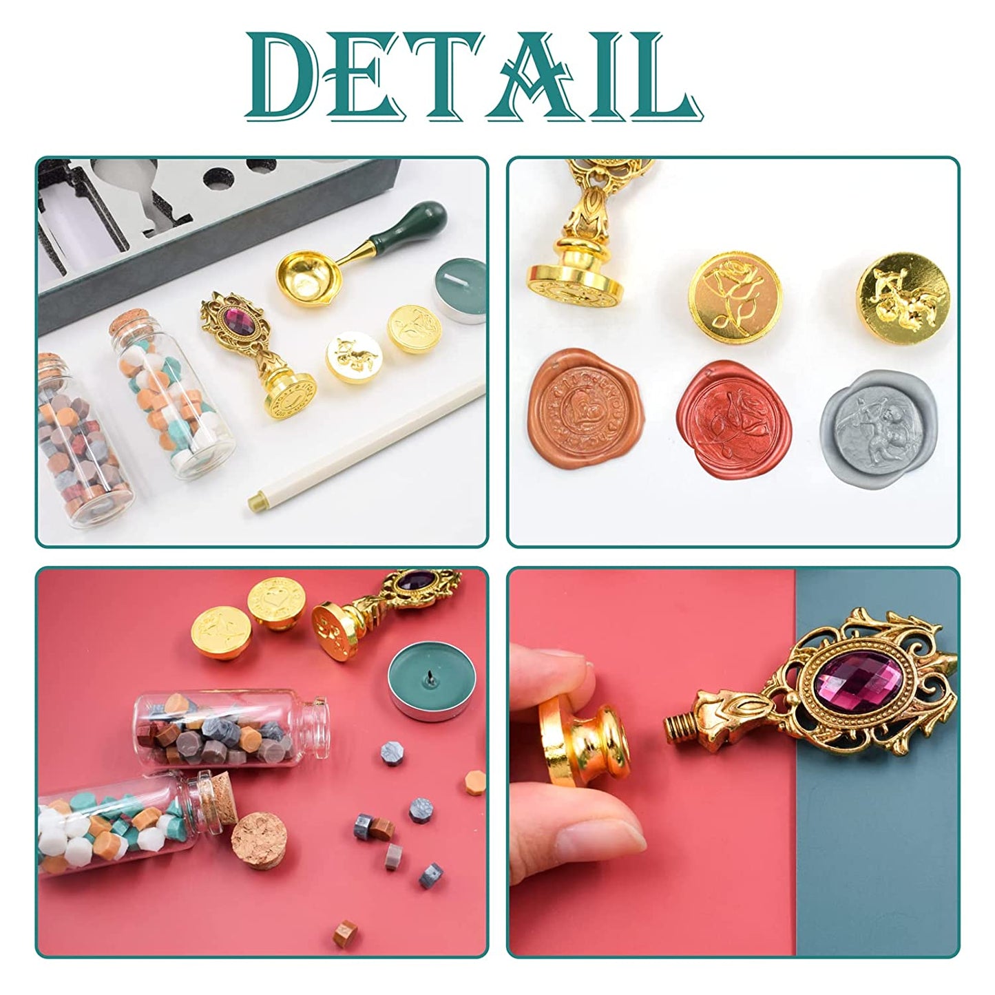 Set de stampile ceara, sigiliu cu 3 modele diferite, ceara multicolora, lumanare si lingura de topire