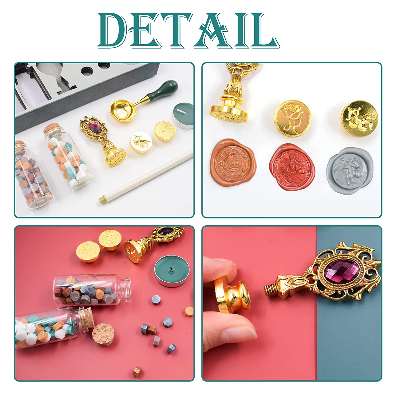 Set de stampile ceara, sigiliu cu 3 modele diferite, ceara multicolora, lumanare si lingura de topire