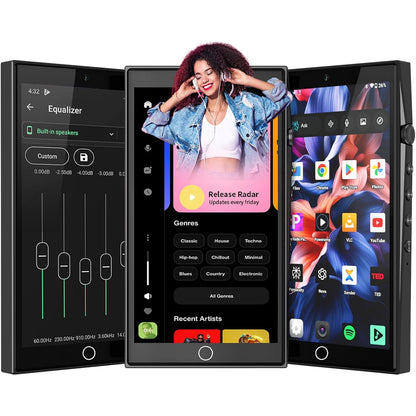 MP3 Player Android 13 192GB (64GB ROM + 128GB Card), Bluetooth 5.0 si WiFi, ecran tactil de 4, 7 inch HD, 4GB RAM, camere frontale si spate, asistent AI, Player muzical si video pentru copii