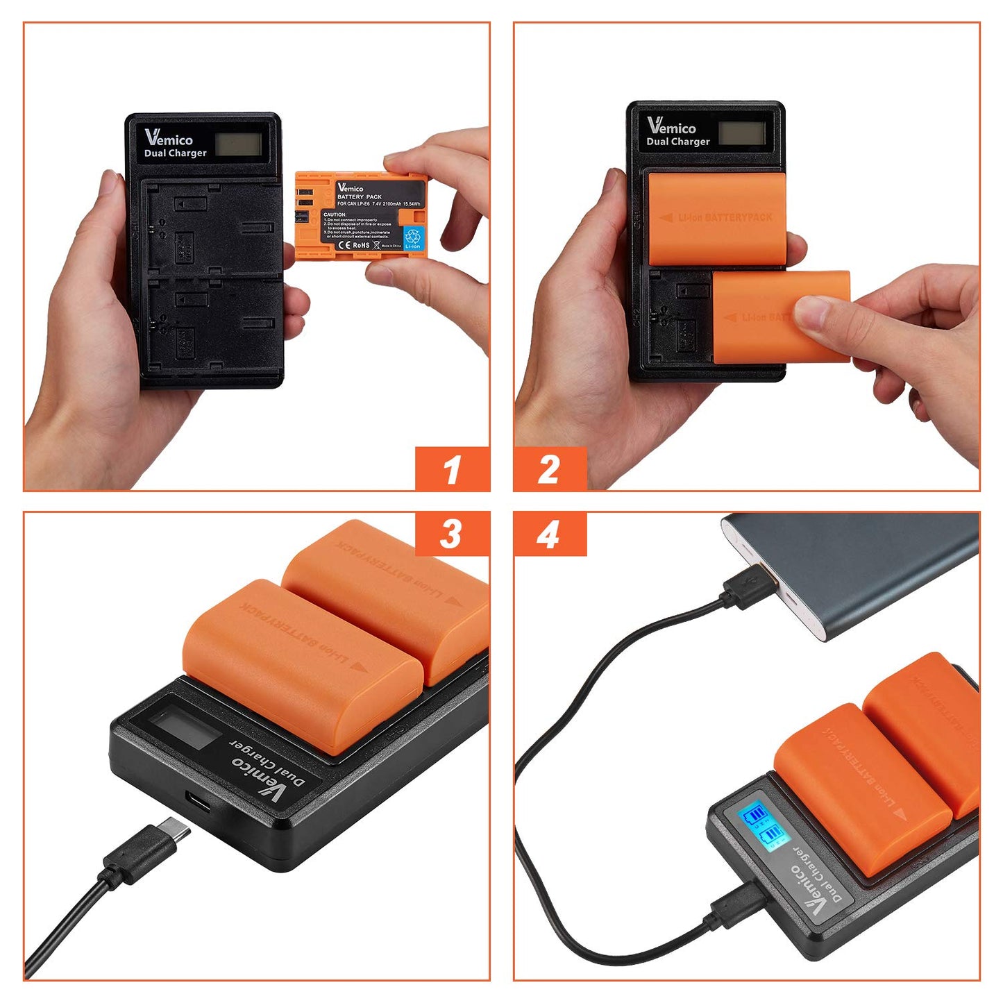 Set 2 Acumulatori LP-E6 LP-E6N + Incarcator , Vemico 2040 mAh , pentru Canon EOS 7D Mark II , 5D Mark IV , 5D Mark III , 70D , 5DS , 5DS R , 5D Mark II , 6D , 7D , 80D , 60D