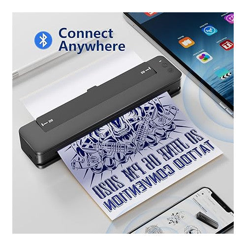 Imprimanta profesionala de tatuaje Bluetooth, portabila, masina transfer de tatuaje, baterie de 2500 mAh cu 10 lavete de curatare, cablu USB-C, adaptor, 10 hartii de transfer, 5 folii curata pentru artisti tatuatori si incepatori