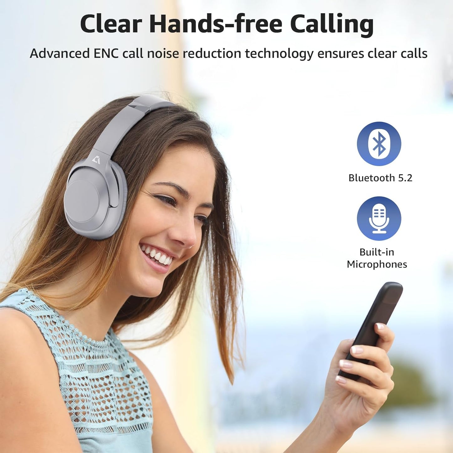 Casti wireless Over the Ear Bluetooth, Noise Cancelling ANC, sunet Hi-Fi, microfon, timp redare pana la 75 ore, Bass Music, argintiu