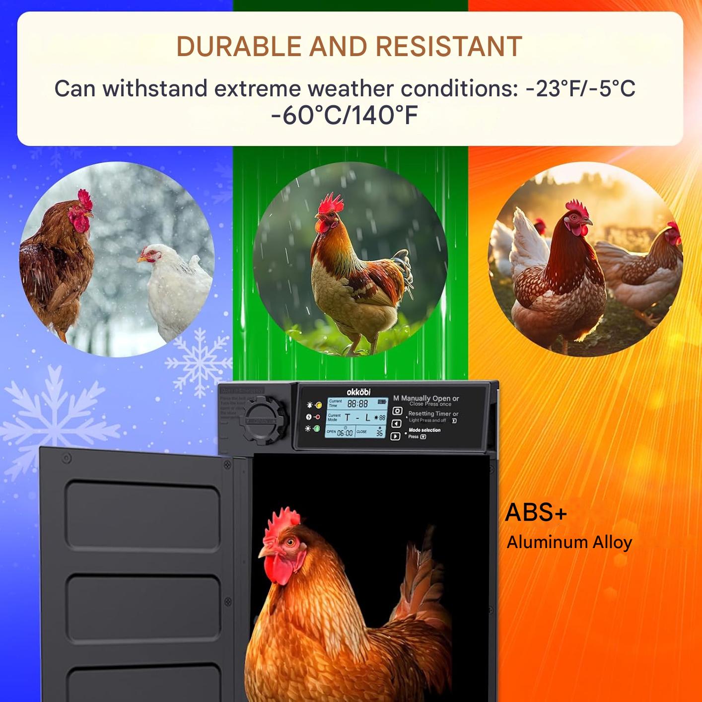 Usa automata inteligenta pentru cotet gaini Okkobi PRO, alimentare solara + USB-C, telecomanda, senzor lumina si timer, ecran LCD, sistem anti-prindere, constructie rezistenta all-weather, 38x28 cm, negru