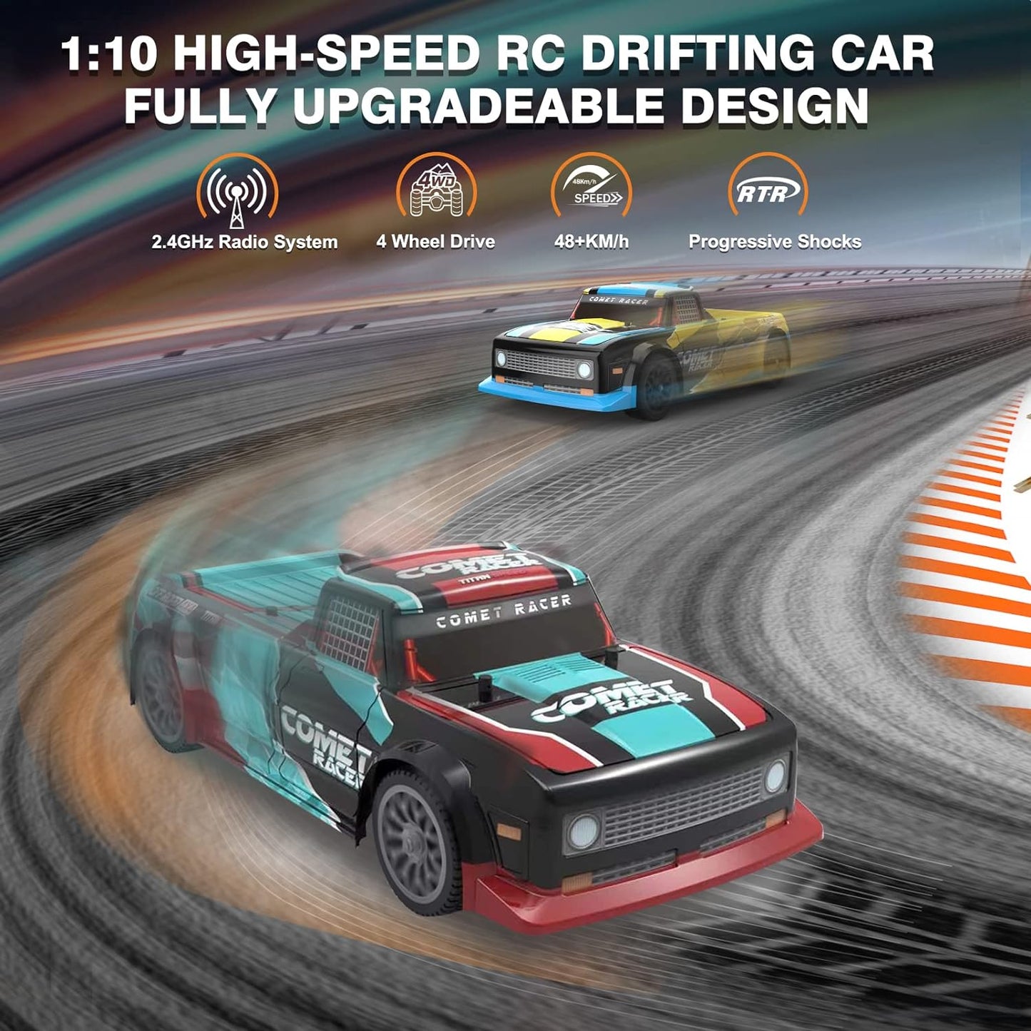 Masina RC cu telecomanda 2.4G, scara 1:12, 48 km/h, 4WD, cu 2 acumulatori reincarcabili 1500 mAh, Exbonzai Comet Racer