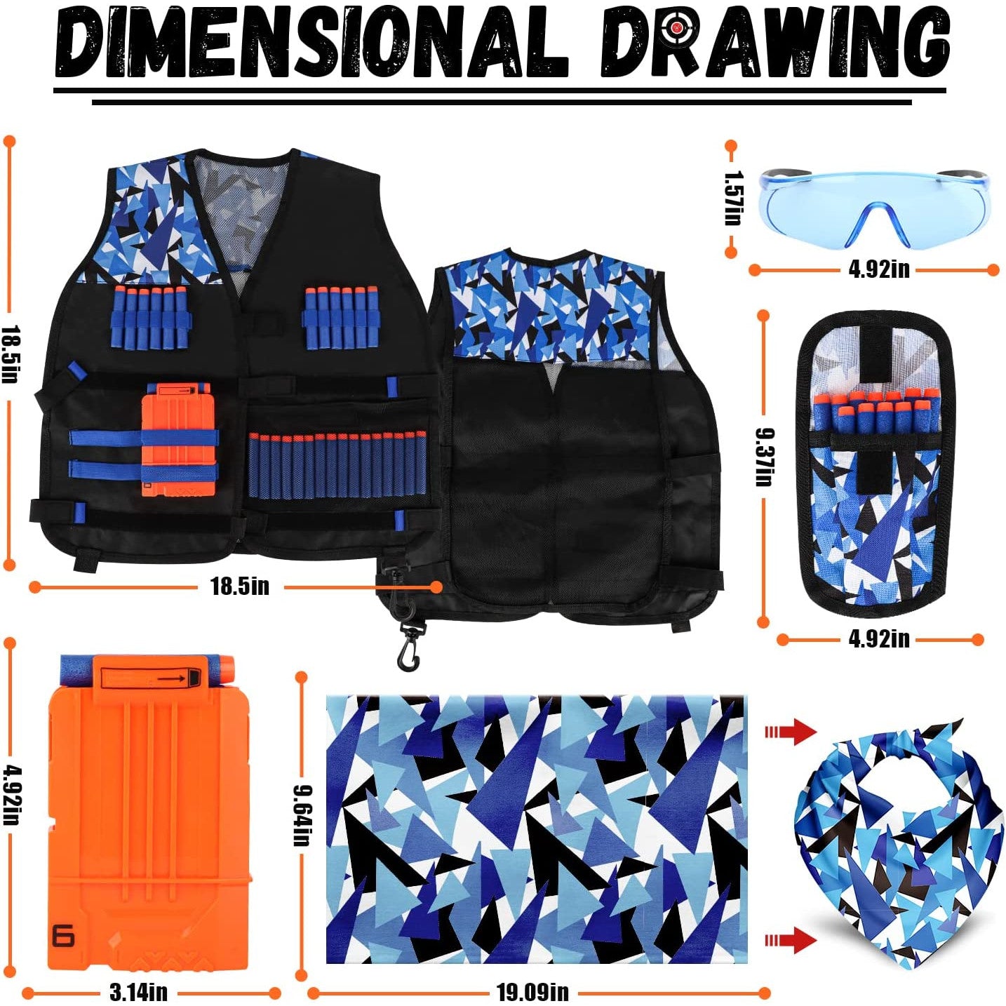 Set vesta tactica compatibila Nerf, cu 30 de sageti din burete, ochelari, incarcator, bratara, masca, albastra