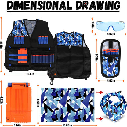 Set vesta tactica compatibila Nerf, cu 30 de sageti din burete, ochelari, incarcator, bratara, masca, albastra