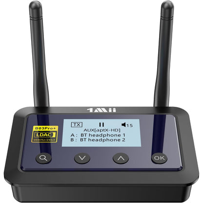 Adaptor Bluetooth 3 in 1 1Mii B03Pro+ pentru TV si HiFi, emitator-receptor LDAC / AptX HD, ecran LCD 1,7”, RCA / Optic / AUX 3,5 mm, latenta redusa, raza lunga de actiune 80 m