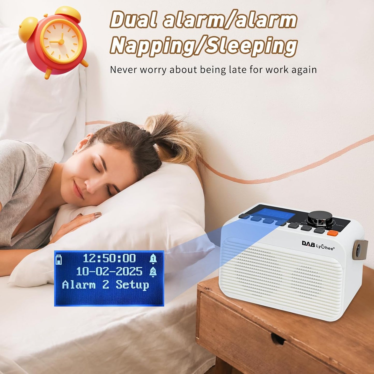 Radio portabil DAB/DAB+ & FM, Bluetooth 5.0, baterie reincarcabila 4000 mAh, afisaj LED, redare USB & card TF, Jack casti 3.5 mm, functie alarma, design compact cu curea, alb-crem