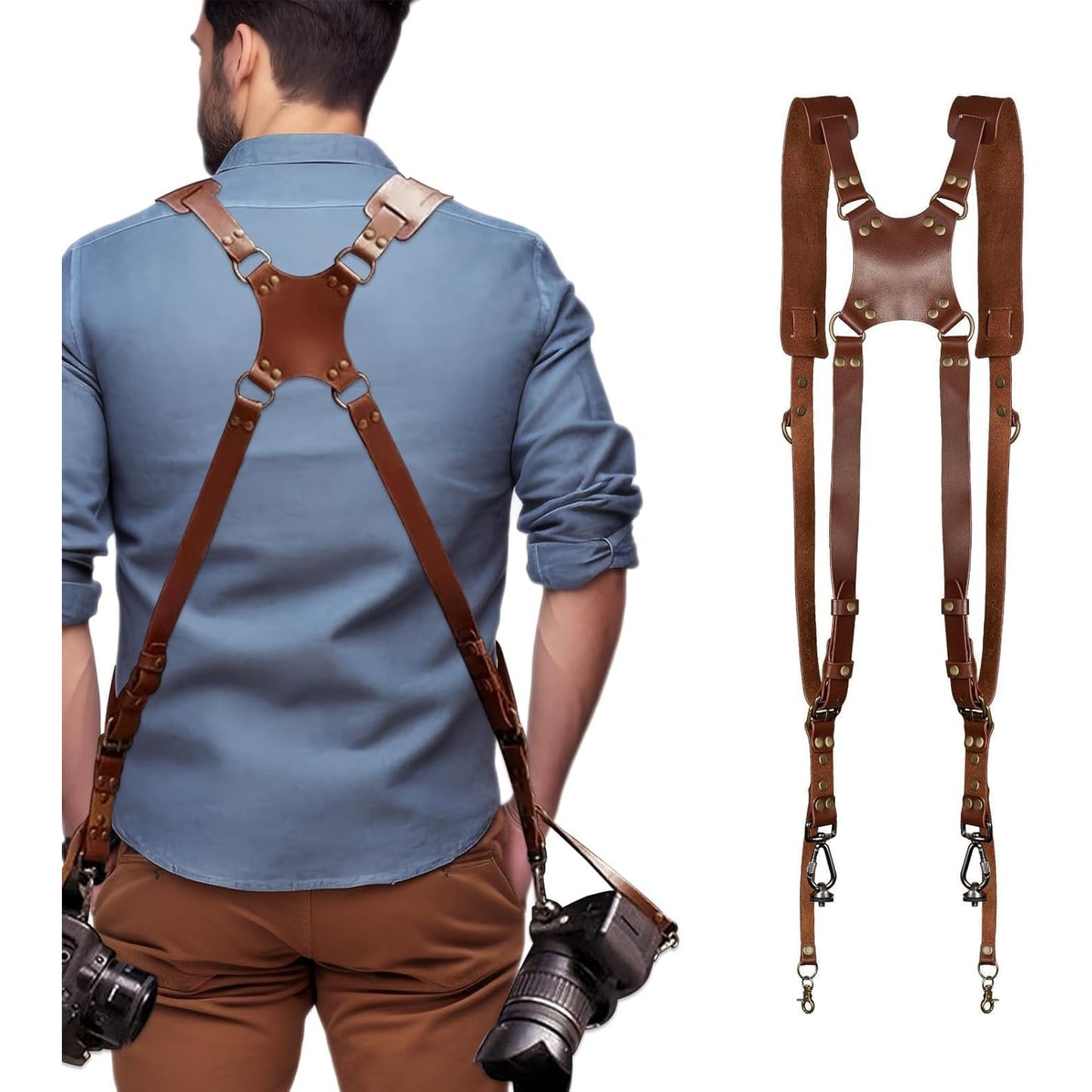 Curea de transport cu design in X pentru doua camere, HERCHR, curea de umar din piele vintage, multi-viteze, universala pentru DSLR/SLR, ajustabila, pentru femei si barbati, maro
