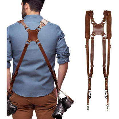 Curea de transport cu design in X pentru doua camere, HERCHR, curea de umar din piele vintage, multi-viteze, universala pentru DSLR/SLR, ajustabila, pentru femei si barbati, maro