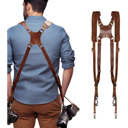 Curea de transport cu design in X pentru doua camere, HERCHR, curea de umar din piele vintage, multi-viteze, universala pentru DSLR/SLR, ajustabila, pentru femei si barbati, maro