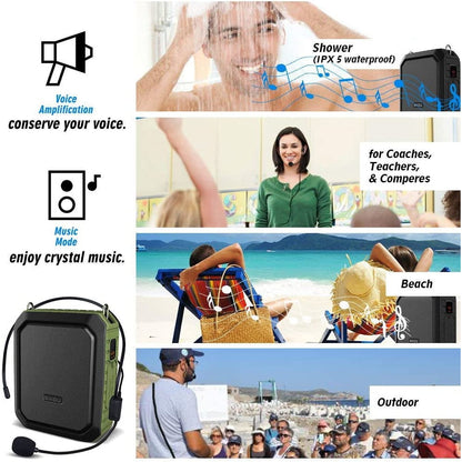 Megafon portavoce Bluetooth portabil, cu microfon headset, 18W, baterie 4400 mAh cu functie powerbank, slot card, impermeabil IPX5, pentru profesori, gid turistic, antrenor