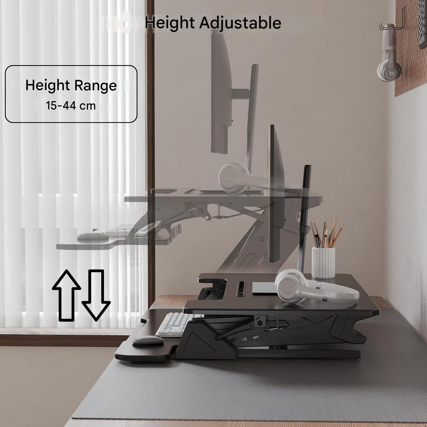 Suport de birou reglabil Bontec, 107x52.2cm, capacitate 15kg, arc dublu, reglaj inaltime 15–44 cm, pentru statie de lucru cu doua monitoare, negru