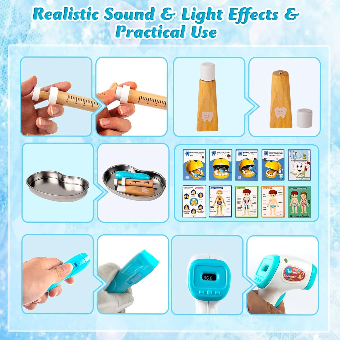 Trusa medicala de jucarie, set dentist cu geanta, termometru, stetoscop, ochelari, sort, model cu dinti, reflector, lanterna, masca, jucarie de rol, pentru copii peste 3 ani