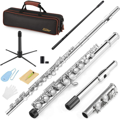 Flaut Eastar C cu 16 note, Offset G, set cu stand, geanta de transport, manusa, kit de curatare si tija de acordare, pentru incepatori, copii si elevi, Nichel