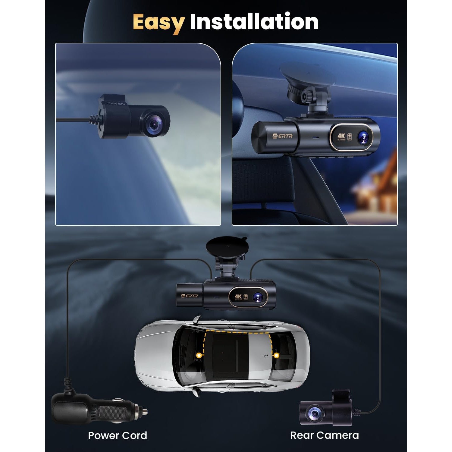 Camera auto DVR 4K cu 3 canale, fata 4K Ultra HD + interior, spate 1080P Full HD, Wi-Fi 5GHz, aplicatie mobila, viziune nocturna WDR avansata, unghi ultra-larg 170°, senzor G, inregistrare Loop, camera marsarier inclusa, card MicroSD 64GB