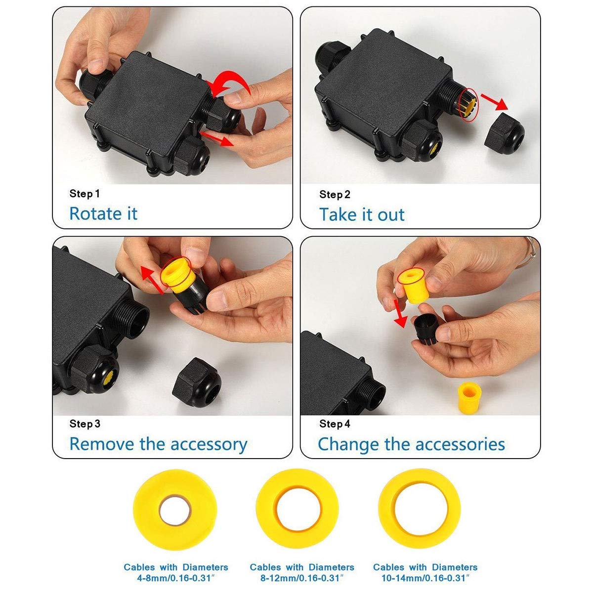 Set de 2 cutii de jonctiune, impermeabile IP68, doza 11.5 cm x 7 cm, cu 3 cai 4mm - 14mm, 24A 450V, neagra
