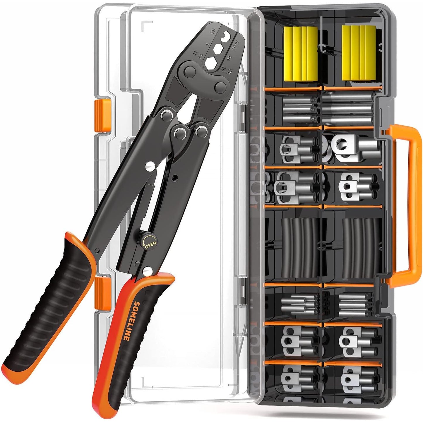 Set cleste de sertizare 6-25 mm², cu 42 bucati terminale, cabluri si tuburi termocontractile, cu cutie de depozitare si transport, SOMELINE