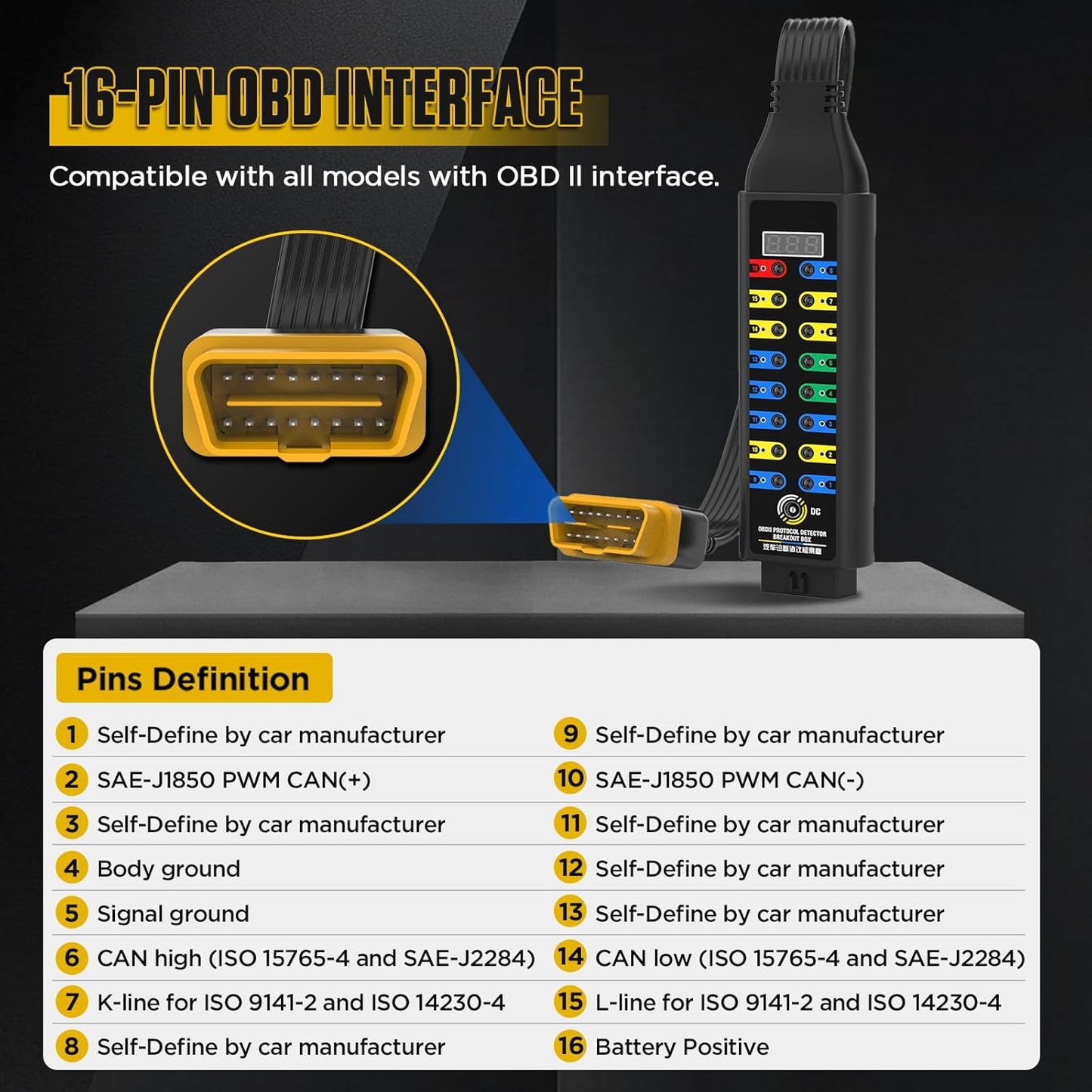Detector protocol auto 16 pini Breakout Box OBD2, afisaj tensiune in timp real, cablu de 17, 7 inch, LED diagnostic, compatibil multimetru/osciloscop, instrument testare si diagnosticare auto OBDII