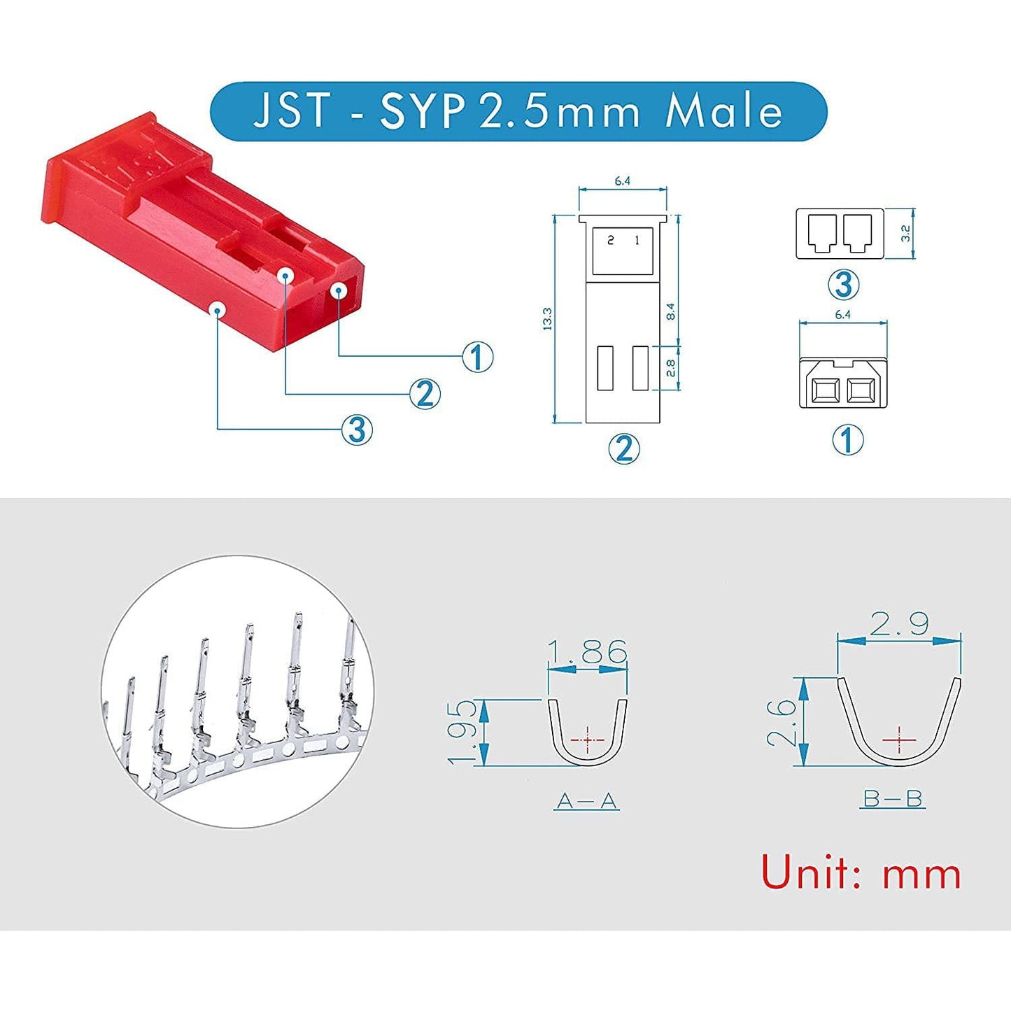 Set de conectori JST-SYP, mufa de 2.54 mm, 60 de perechi conectori mama-tata cu 2 pini si cablu JST de 1m