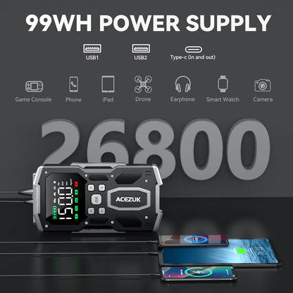 Starter auto portabil, Jump Starter 2 in 1 cu compresor aer, 6000 A, 26800 mAh, functie powerbank, 2 USB-a si 1 USB-C, display LCD, lanterna LED, multifunctional