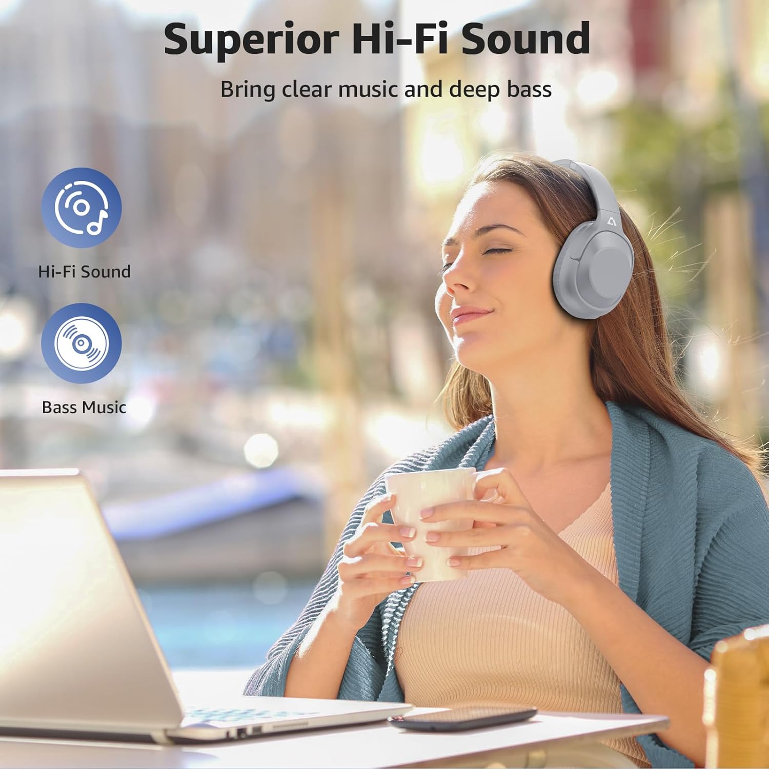 Casti wireless Over the Ear Bluetooth, Noise Cancelling ANC, sunet Hi-Fi, microfon, timp redare pana la 75 ore, Bass Music, argintiu