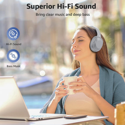 Casti wireless Over the Ear Bluetooth, Noise Cancelling ANC, sunet Hi-Fi, microfon, timp redare pana la 75 ore, Bass Music, argintiu