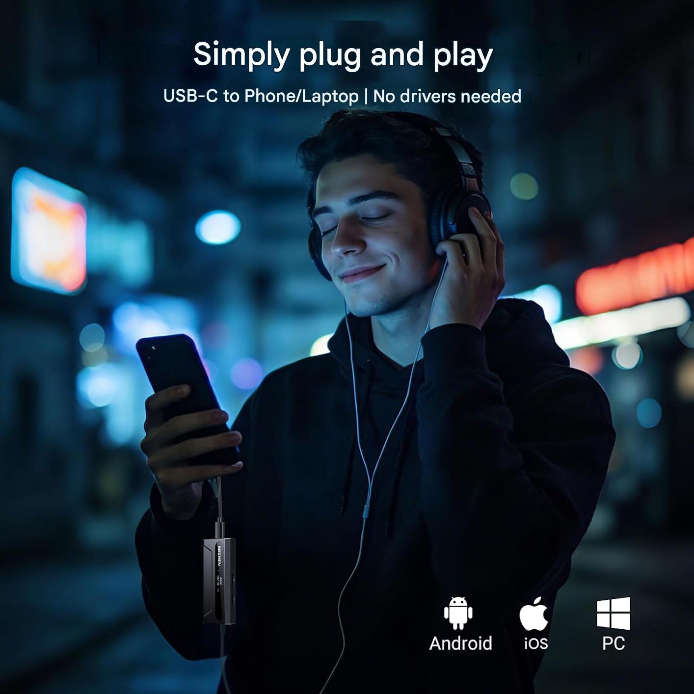 Amplificator casti MECHEN AP10 DAC portabil cu ES9028Q2M + ES9603Q, suport 384kHz/DSD256, iesiri 3.5mm si 4.4mm balanced, USB-C, compatibil Android/iOS/Windows/macOS, OLED 0.87”, SNR 120dB, Hi-Res Audio pentru telefon, PC si laptop