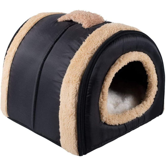 Pat pentru caini si pisici 2 in 1 casa si culcus, multifunctionala, captusita, cu baza antiderapanta, 35 x 30 x 28 cm, negru