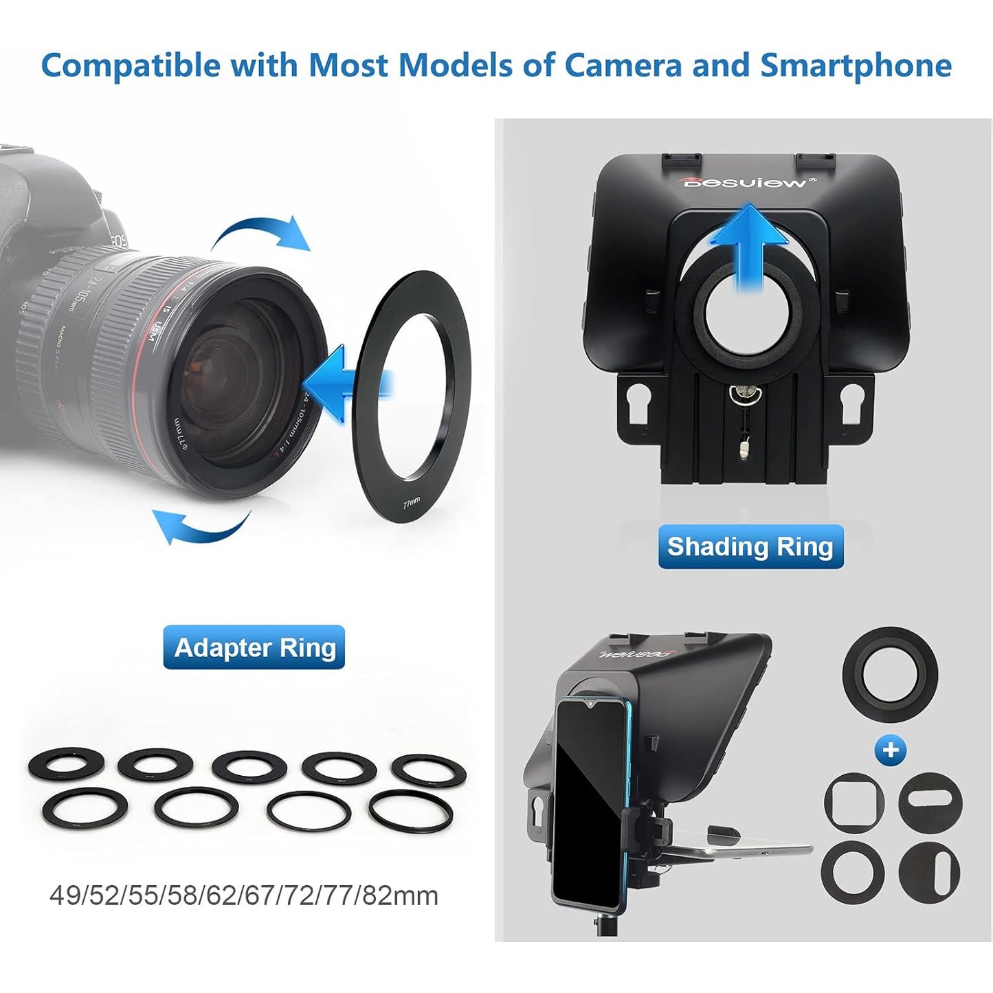 Kit teleprompter cu telecomanda si adaptoare obiectiv, pentru smartphone si tableta pana la 11 inch, cu aplicatie dedicata, pentru camere DSLR si smatphone