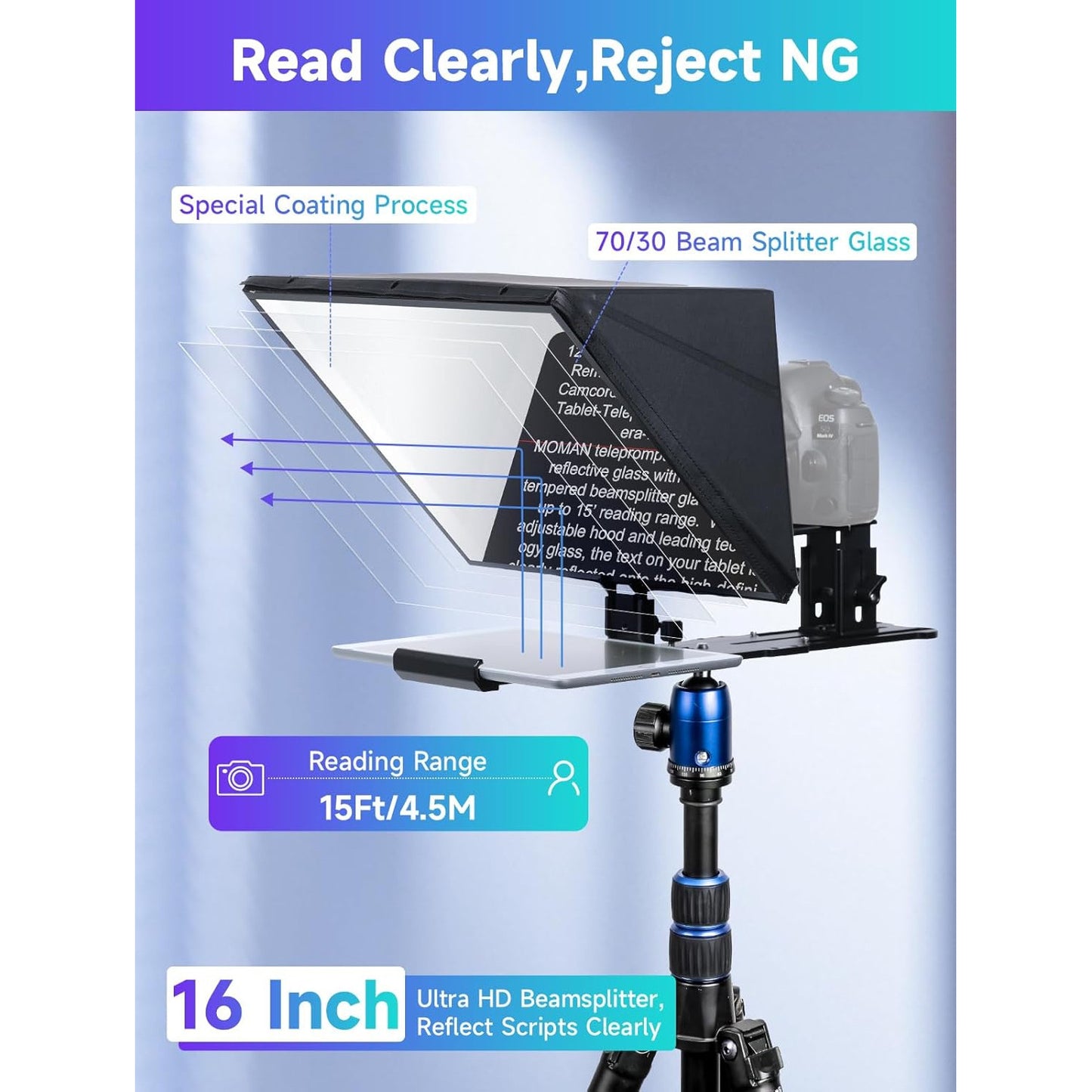 Kit teleprompter de 16 inch, Moman MT16, pentru camere DSLR, cu telecomanda, compatibil cu iPad, tableta, smartphone cu aplicatie, din metal, cu montura 1/4 inch si geanta de depozitare si transport