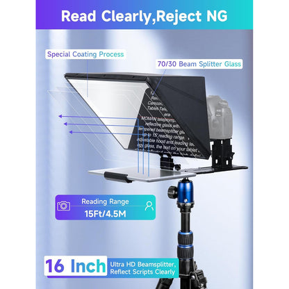 Kit teleprompter de 16 inch, Moman MT16, pentru camere DSLR, cu telecomanda, compatibil cu iPad, tableta, smartphone cu aplicatie, din metal, cu montura 1/4 inch si geanta de depozitare si transport