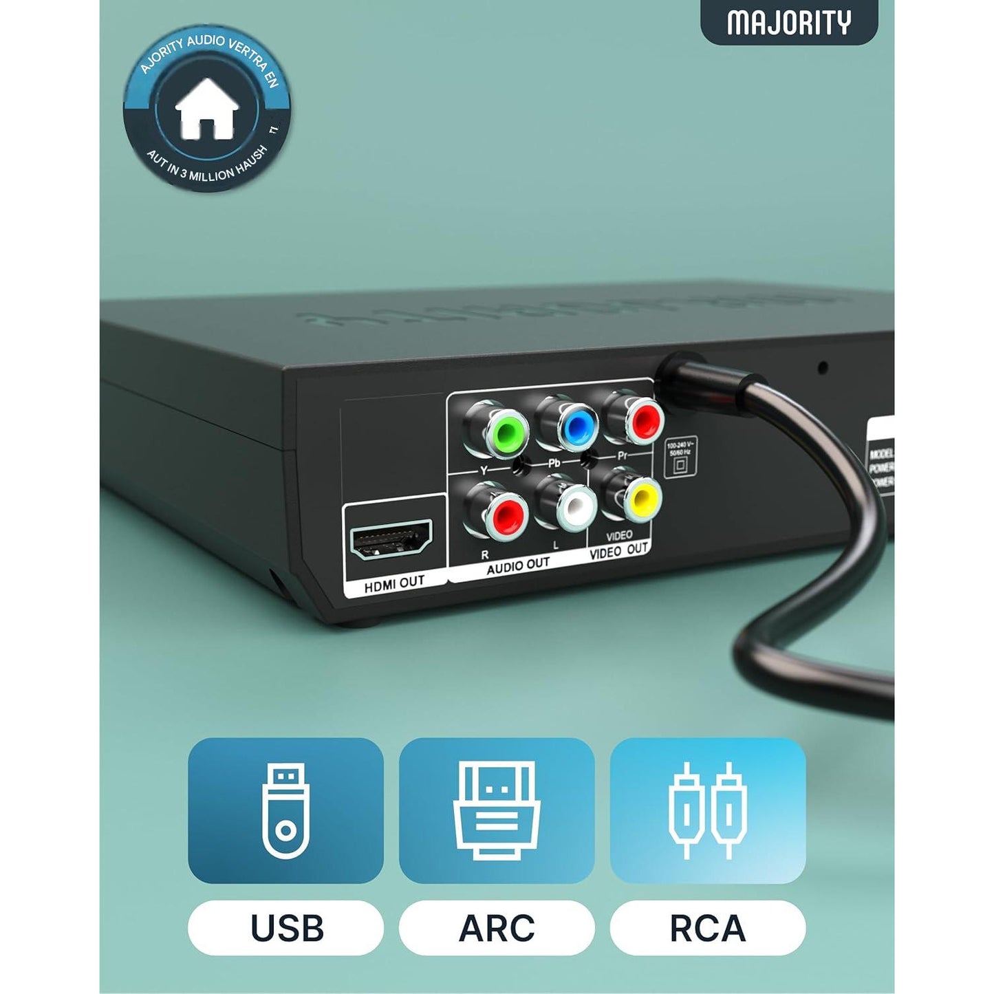 DVD Player pentru TV, compatibil toate regiunile, HDMI cu Upscaling Full HD 1080p, redare USB si CD/DVD/MP3/JPEG, functie anti-soc, telecomanda si cablu HDMI incluse, negru