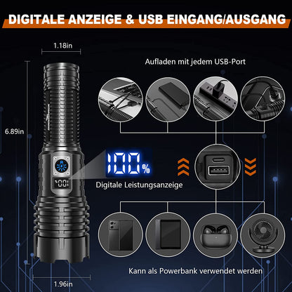 Set lanterna tactica LED, 20.000 lumeni, baterie 5000 mAh, cu functie powerbank si lanterna de urgenta cu panou solar si manivela, pentru urgente, camping, calatorie