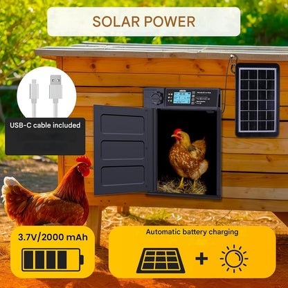 Usa automata inteligenta pentru cotet gaini Okkobi PRO, alimentare solara + USB-C, telecomanda, senzor lumina si timer, ecran LCD, sistem anti-prindere, constructie rezistenta all-weather, 38x28 cm, negru