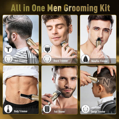 Aparat de tuns par si barba 17 in 1 pentru barbati, cu display LCD, IPX 7 rezistent la apa, lame T-Blade precizie, Trimmer nas si urechi, incarcare USB-C, accesorii multiple pentru par, barba si corp