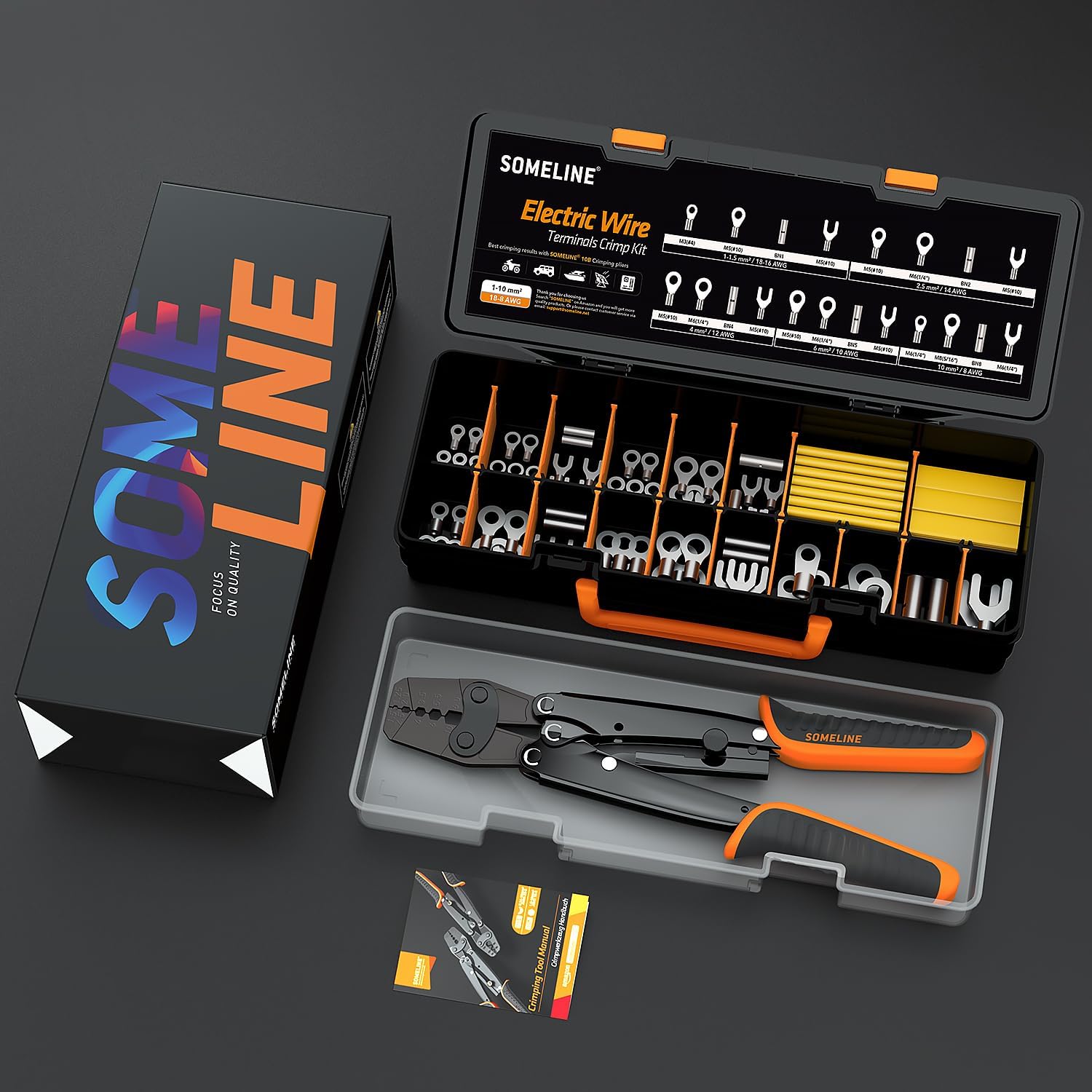 Set cleste de sertizare 1-10 mm², cu 79 bucati terminale, cabluri si tuburi termocontractile, cu cutie de depozitare si transport, SOMELINE