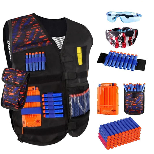 Set vesta compatibila Nerf N-Strike Elite, Tactical vest, 56 de piese, cu 50 sageti de burete, masca, ochelari, incarcator