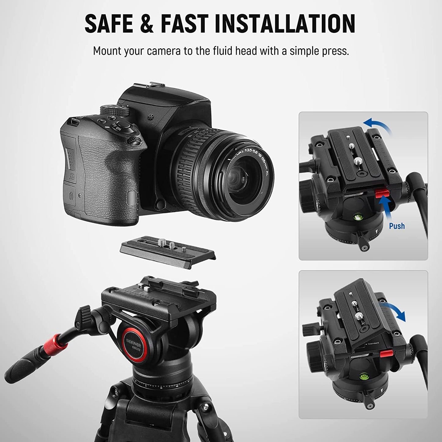 Cap video fluid pentru trepied, monopied sau slider, cu placa eliberare rapida, maner telescopic, baza gradata pentru panorama, pentru camere video, Neewer GM002