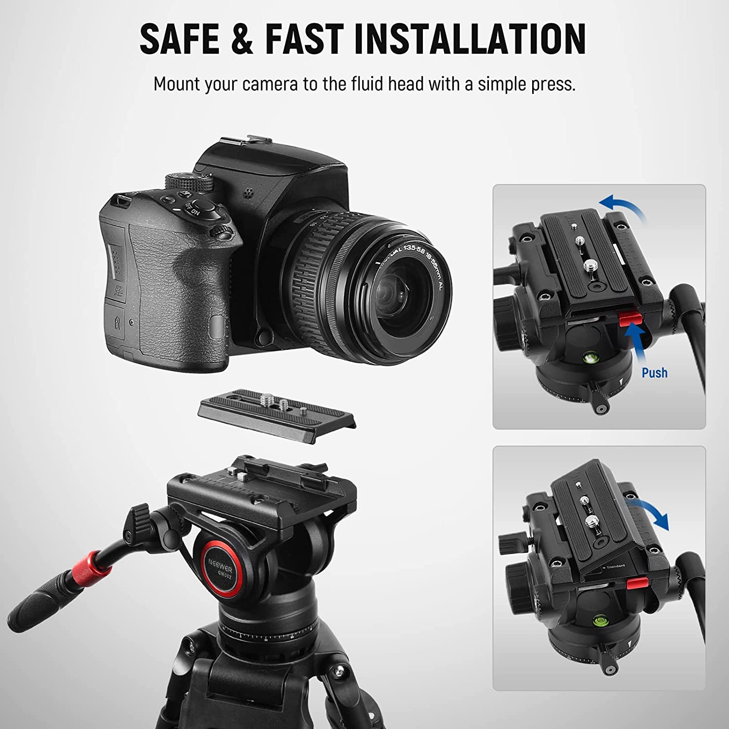 Cap video fluid pentru trepied, monopied sau slider, cu placa eliberare rapida, maner telescopic, baza gradata pentru panorama, pentru camere video, Neewer GM002