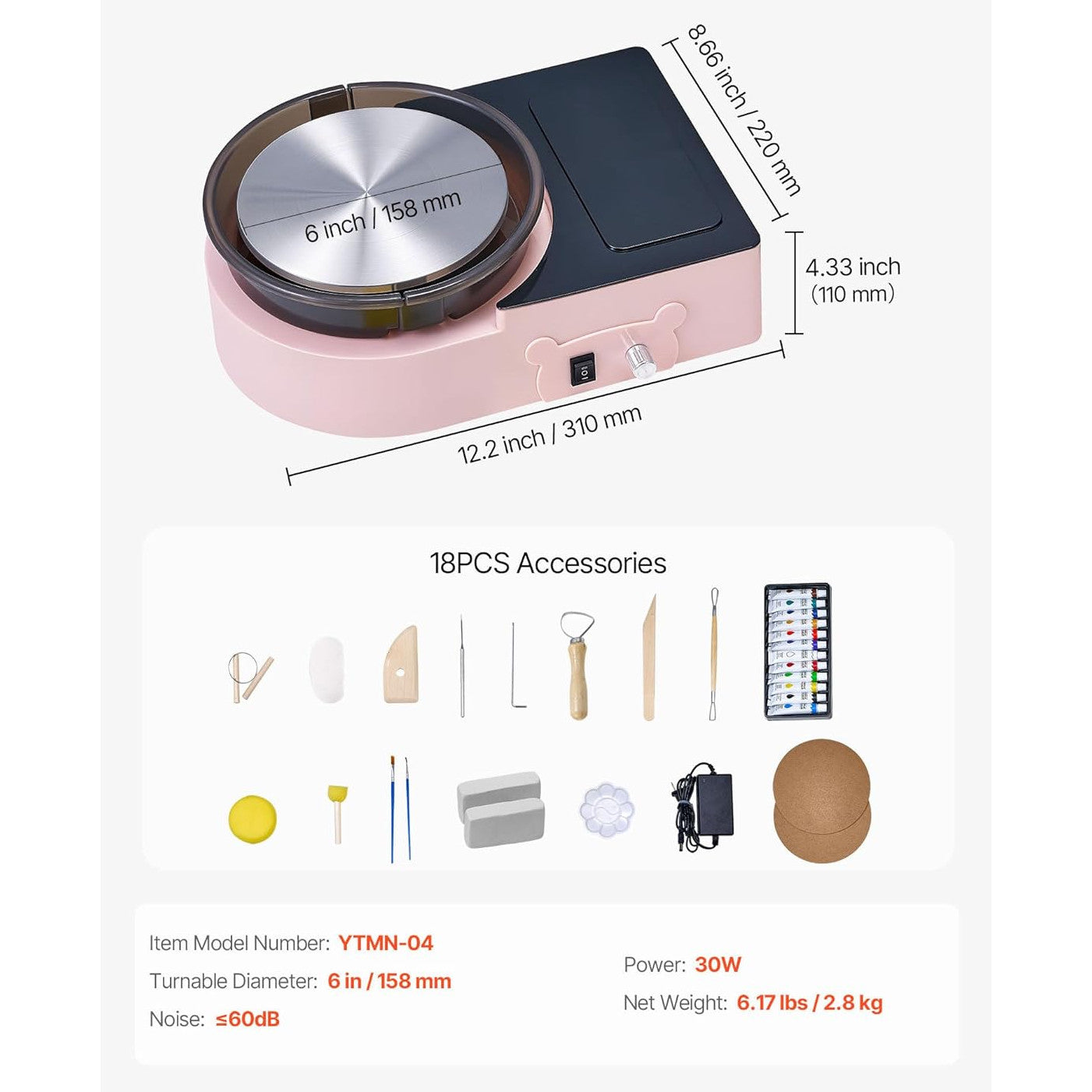 Roata de olar electrica mini VEVOR 158 mm, 30W, viteza reglabila 0-140 rpm, rotatie bidirectionala, set complet cu unelte, lut si accesorii, pentru copii si adulti, DIY, ceramica, roz